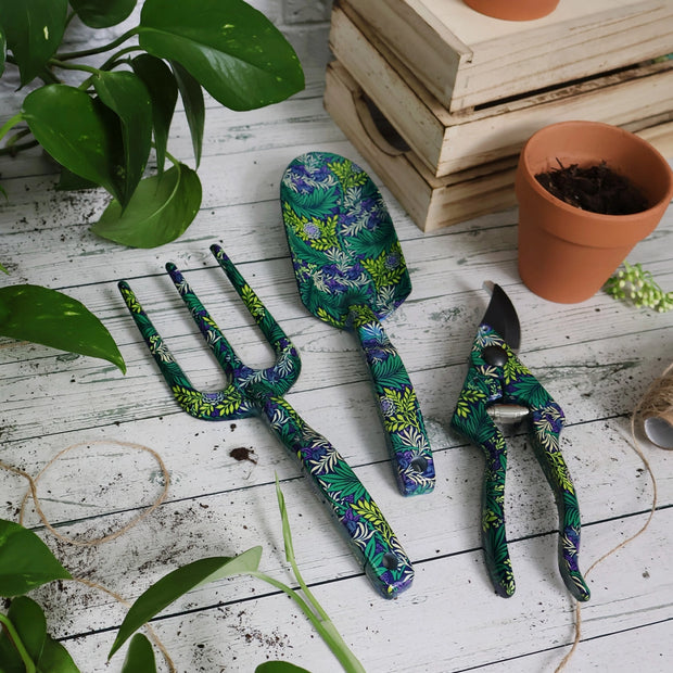 Fork, Trowel and Secateurs Garden Tool Set - William Morris Larkspur Design