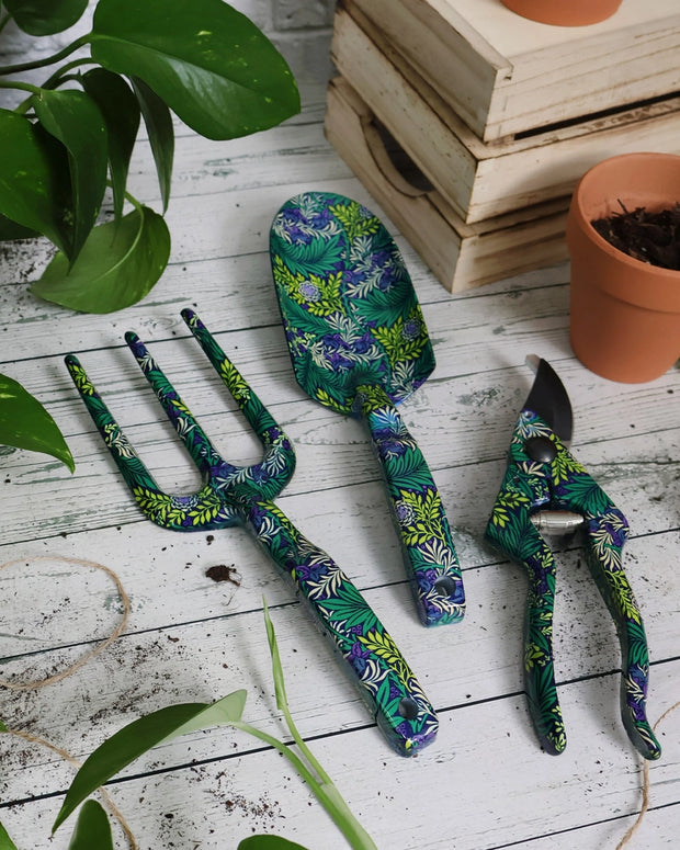 Fork, Trowel and Secateurs Garden Tool Set - William Morris Larkspur Design