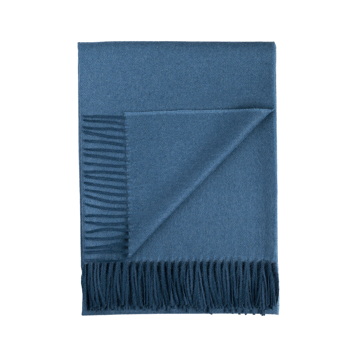Slate blue wool throw blanket with diagonal twill weave pattern and knotted fringe along bottom edge
