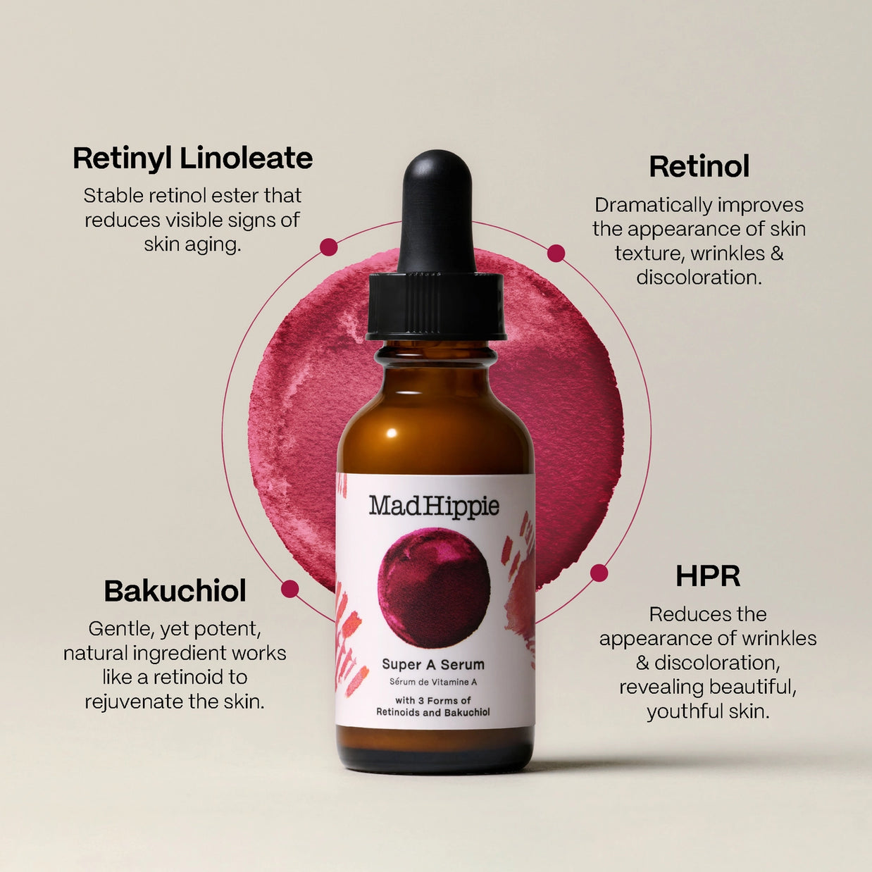 Amber glass dropper bottle of MadHippie Super A Serum with black cap against pink watercolor circle on beige background