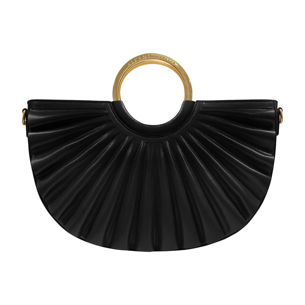 Black leather half-moon satchel with pleated fan design, gold circular top handle, and brass hardware accents