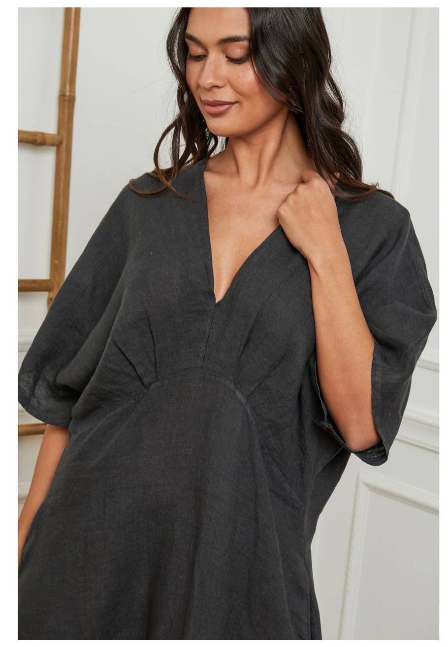 Charcoal gray linen tunic with V-neck, three-quarter sleeves, and relaxed silhouette in soft textured fabric