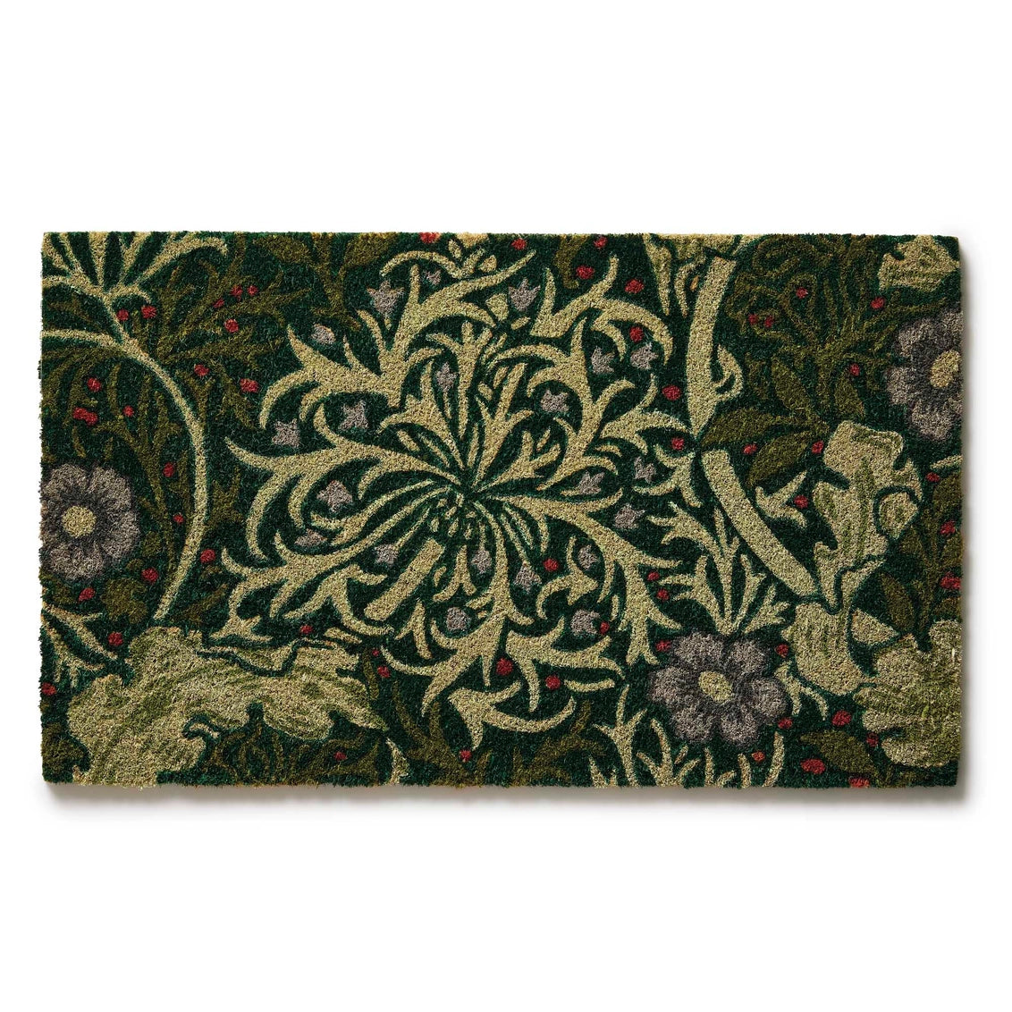 Coir doormat with dark green background featuring ornate William Morris style botanical pattern in gold, sage, and gray with red berries
