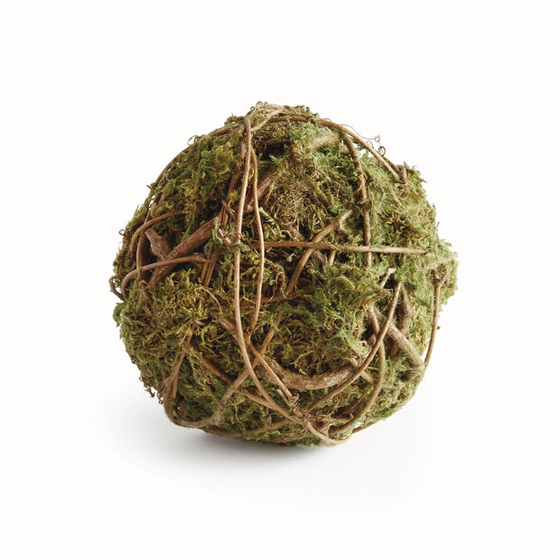 Spherical moss ball wrapped with brown twisted vines in a lattice pattern, textured with green and tan natural moss