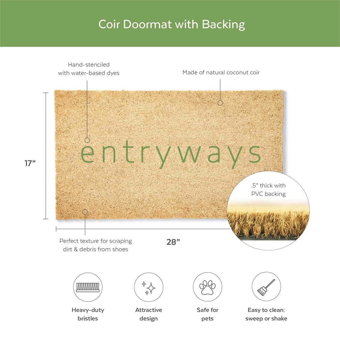 Natural coconut coir doormat with green hand-stenciled text reading entryways, showing dimensions and PVC backing detail