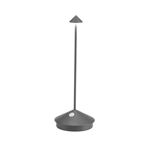 Minimalist desk lamp with charcoal gray conical shade and base connected by slim metal stem on white background