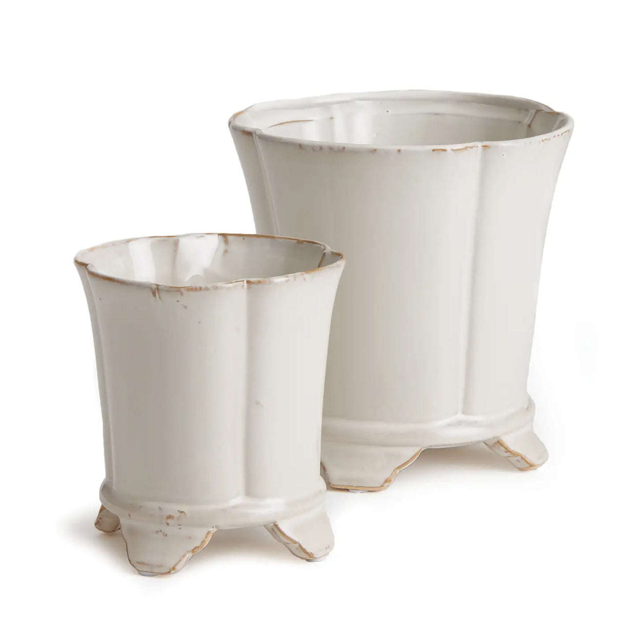 Distressed white ceramic planters with scalloped rims, brown antiqued edges, and decorative footed bases in two sizes