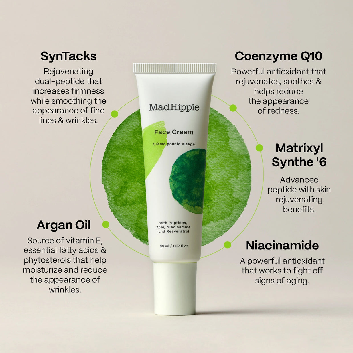 White squeeze tube of MadHippie Face Cream with lime green label and watercolor leaf design on neutral beige background