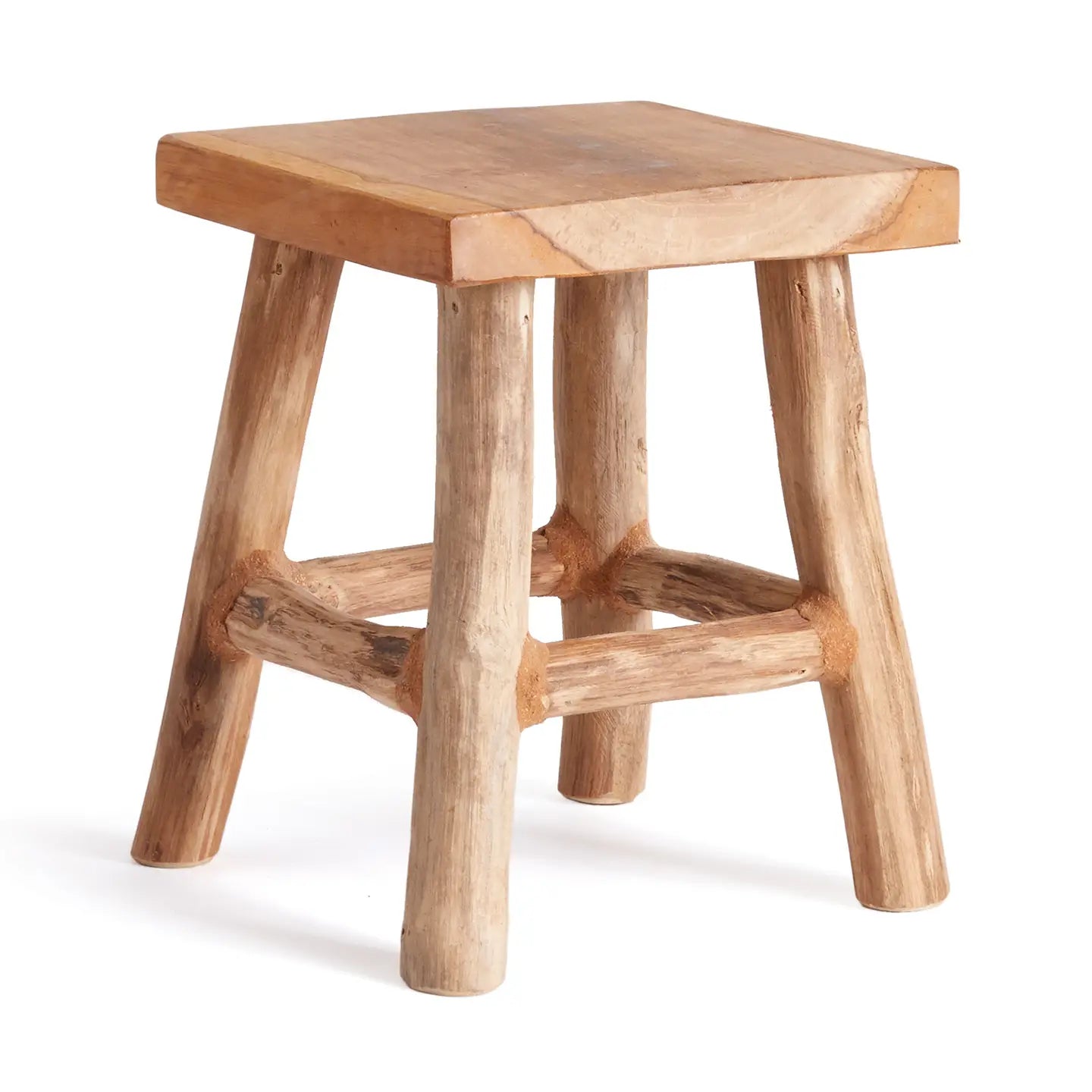Rustic teak wood stool with thick square seat, four round tapered legs, and natural branch stretchers showing wood grain