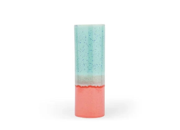 Cylindrical ceramic vase with tri-color glaze: speckled mint green top, cream middle band, and coral pink base