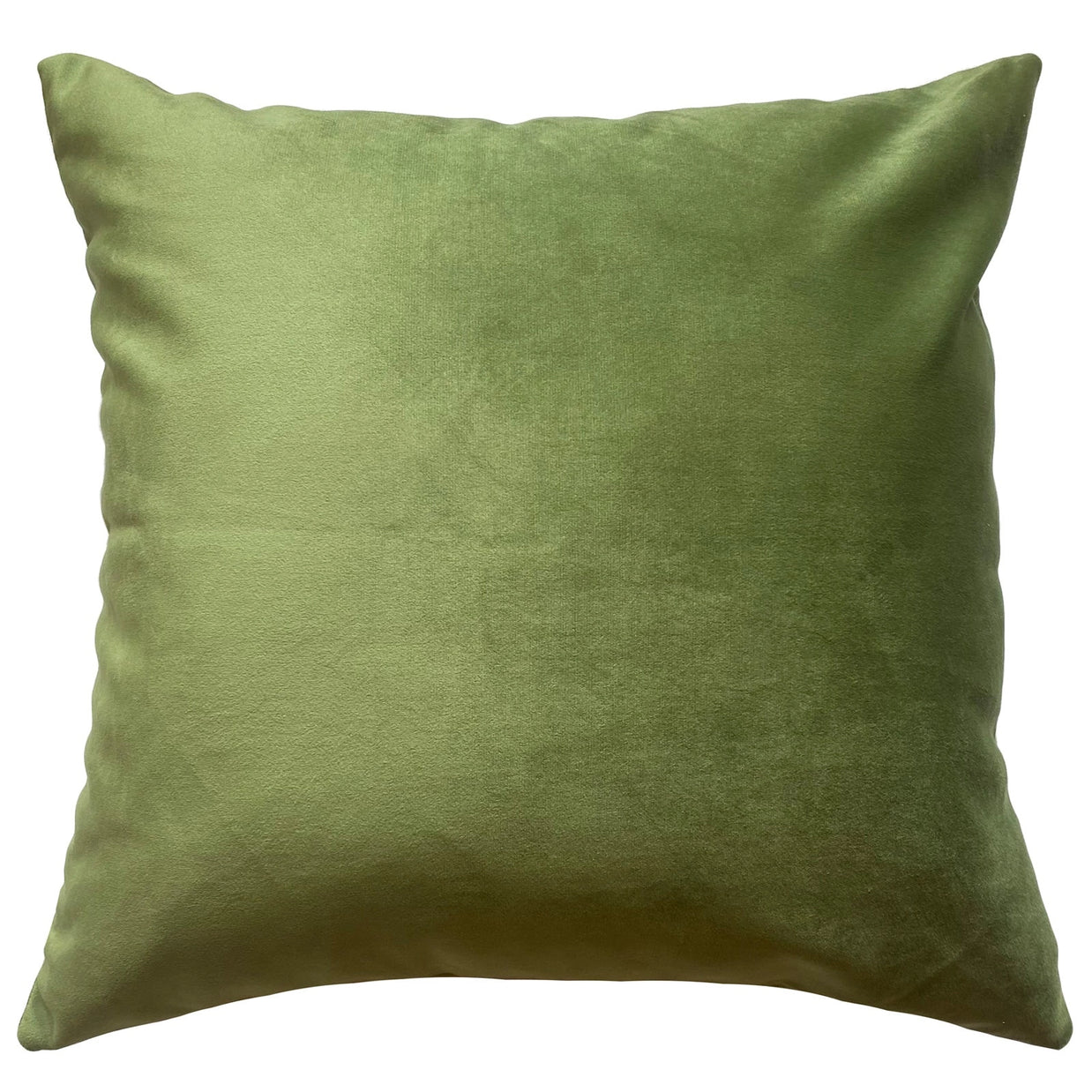 Sage green velvet throw pillow with soft sheen and subtle texture, square shape with slightly gathered corners
