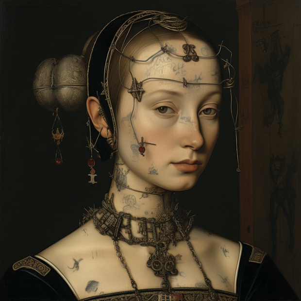 Artistic depiction of a woman with intricate headgear and tattoos on a dark background