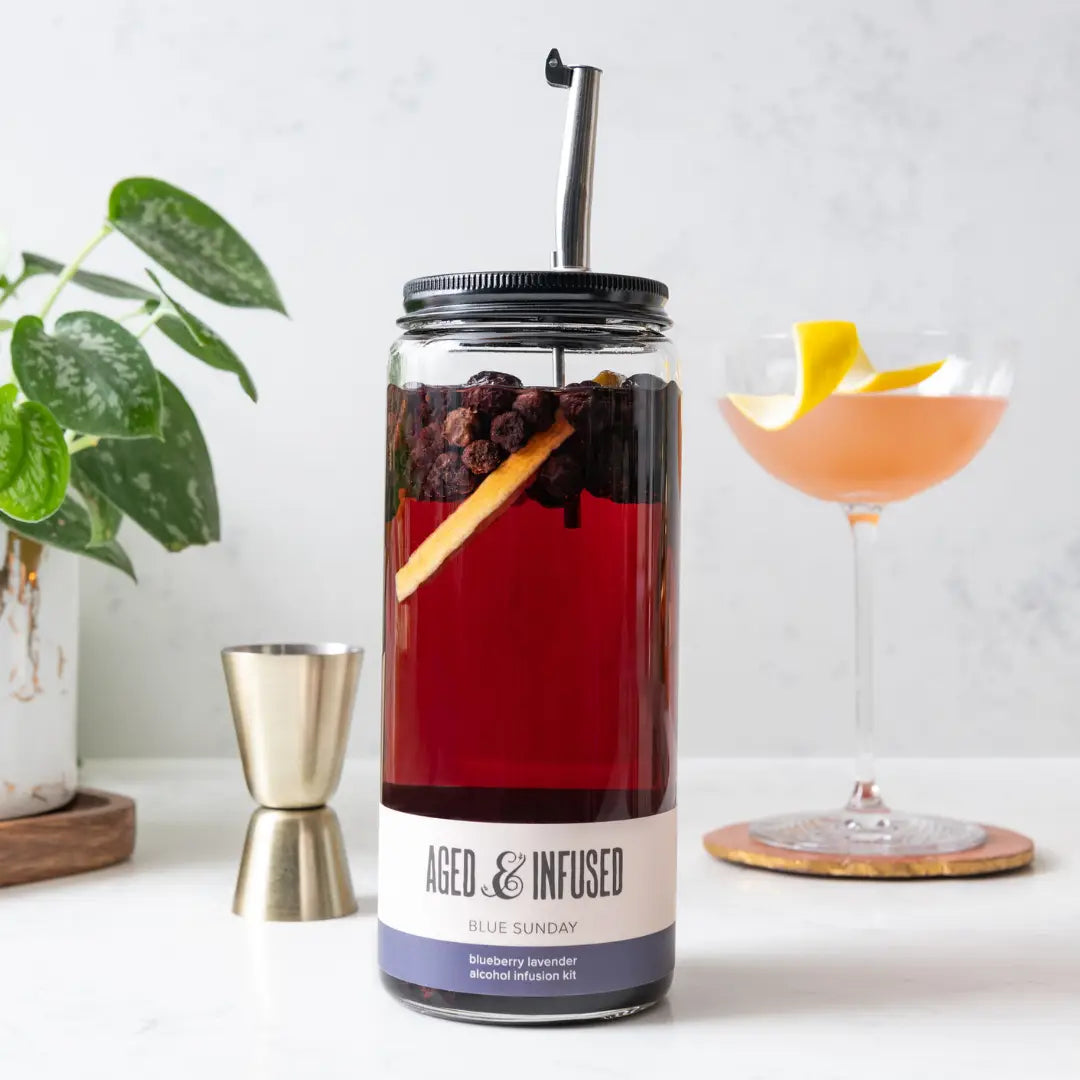 Glass jar cocktail infusion kit with red liquid, dried berries, cinnamon stick, black lid and metal straw on marble surface