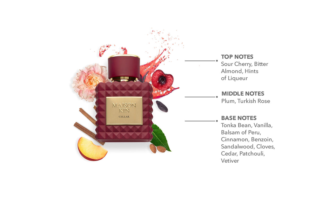 Maison Kin Cellar burgundy quilted perfume bottle with gold cap surrounded by peony, cherry, cinnamon, and peach slice