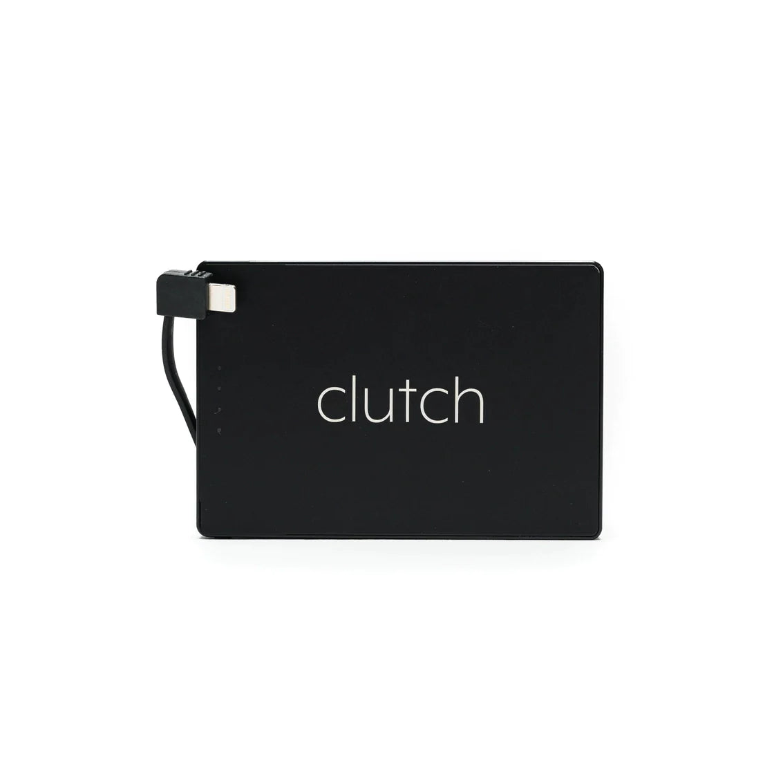 Black leather clutch purse with white modern sans-serif text and zippered wrist strap on white background
