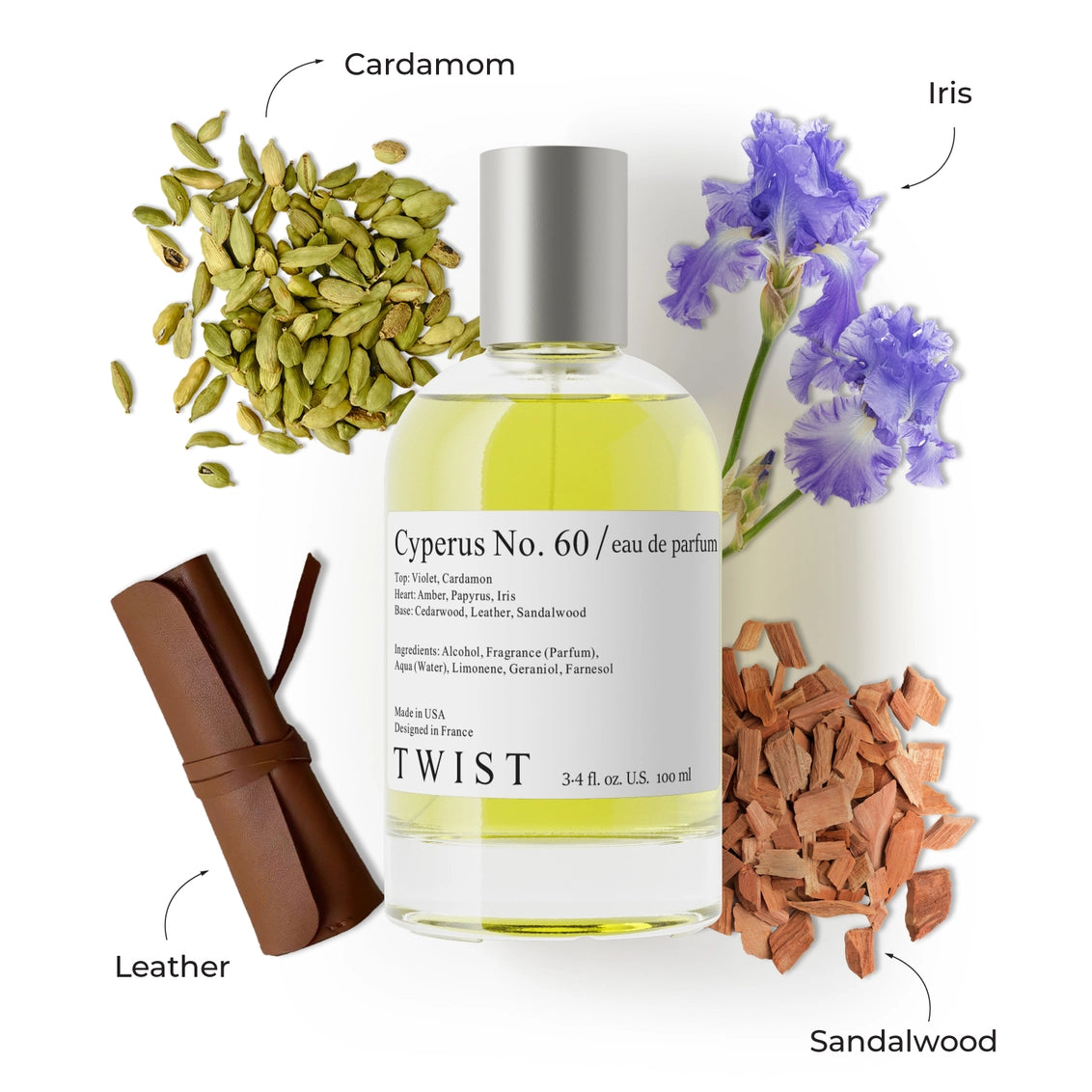 Cyperus No. 60 eau de parfum bottle with silver cap surrounded by cardamom pods, purple iris flowers, leather, and sandalwood chips