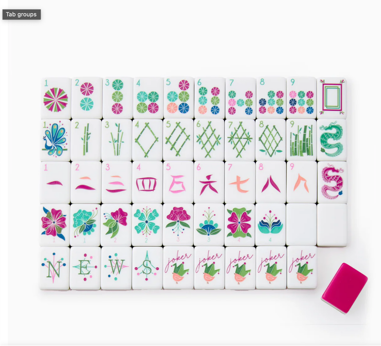 White mahjong tiles with colorful floral, bamboo, and character designs in pink, turquoise, and green with matching pink tile case