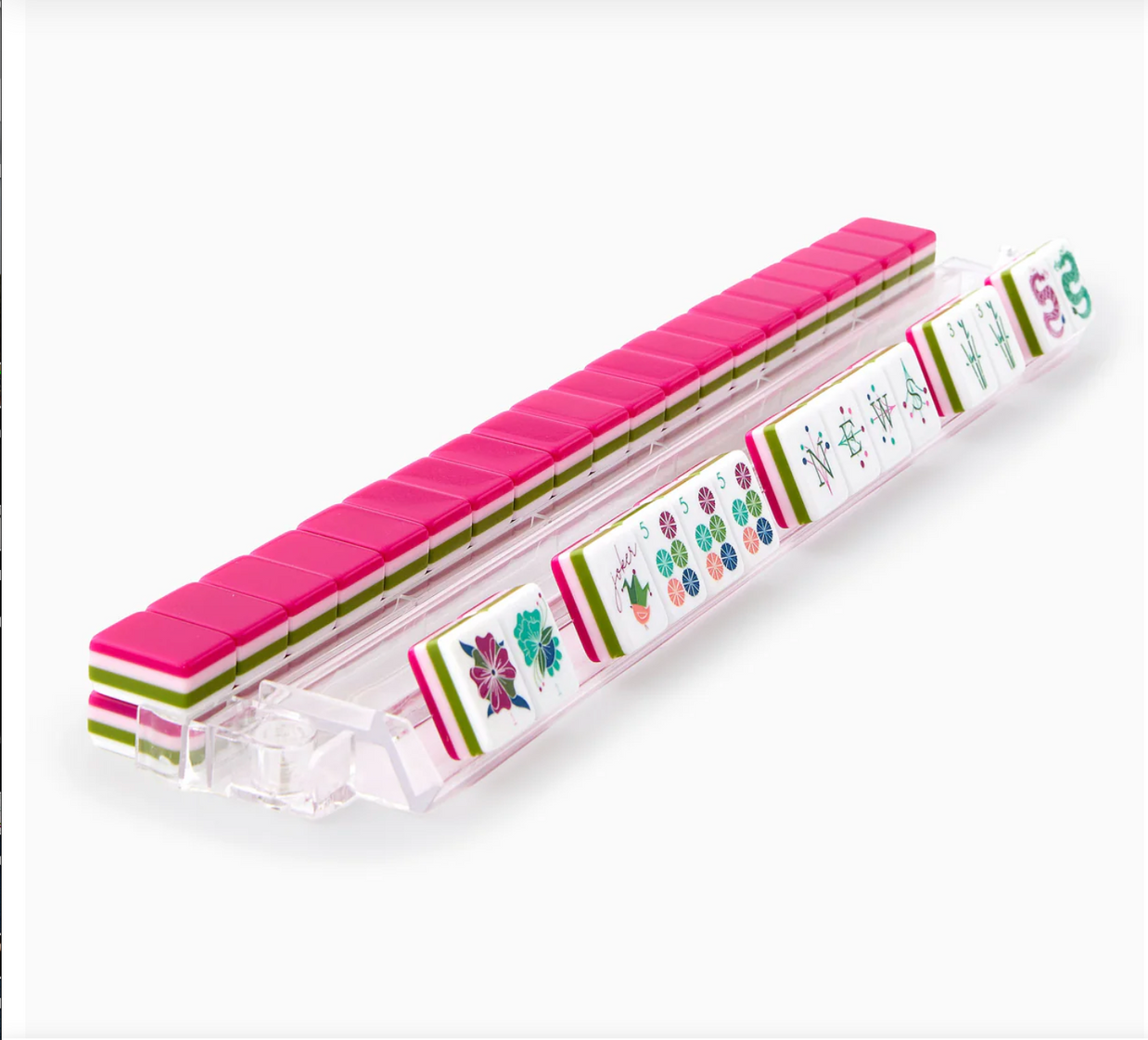 Pink acrylic mahjong tile set in clear case with floral and character tiles visible featuring green, pink, and teal designs
