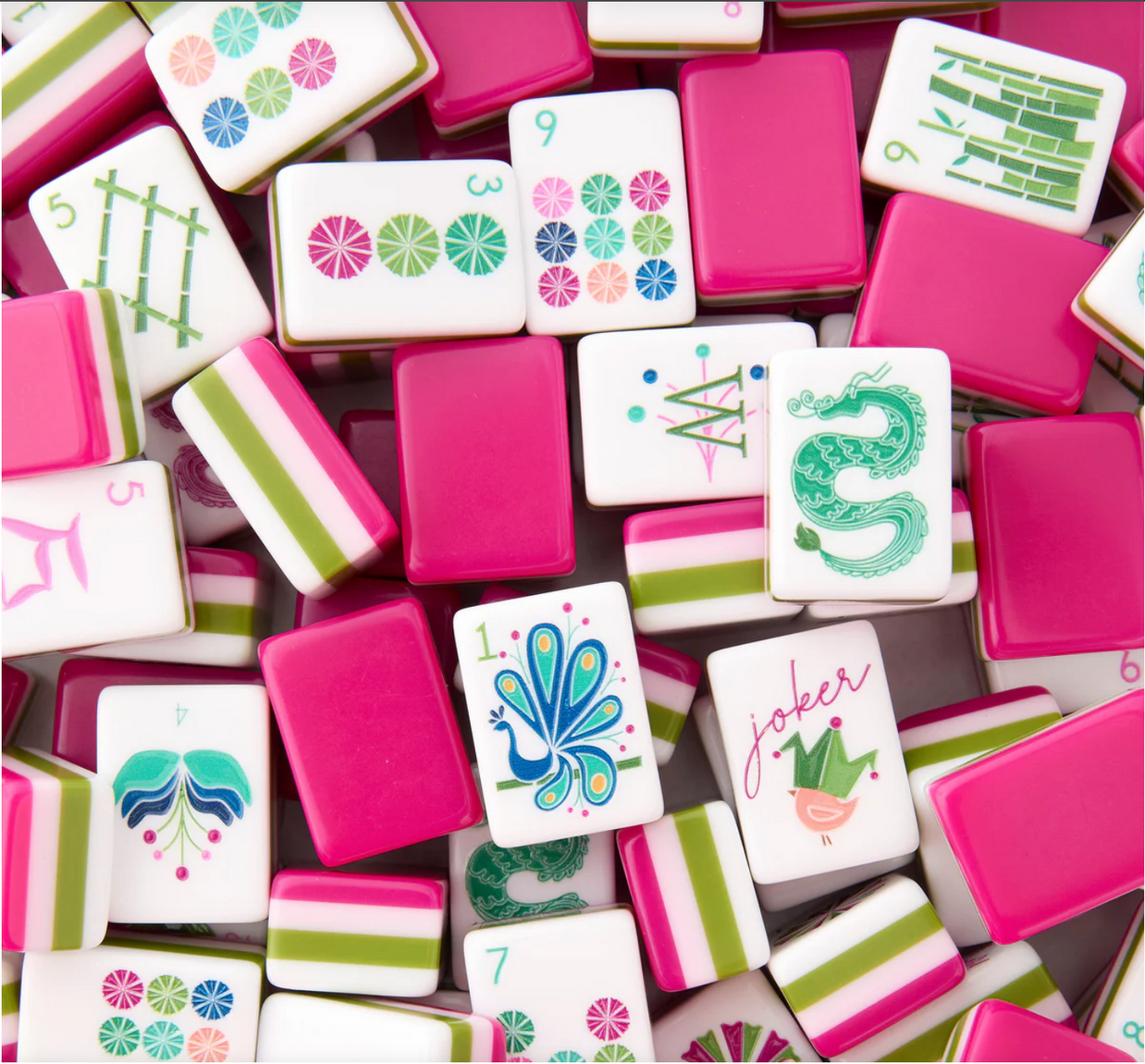 Modern mahjong tiles in hot pink, white, and lime green with colorful dragons, bamboo, peacocks and geometric patterns