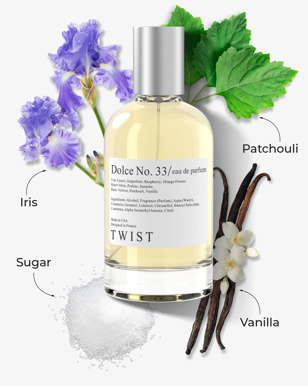 Clear glass eau de parfum bottle with silver cap surrounded by purple iris flowers, green patchouli leaves, vanilla beans and sugar