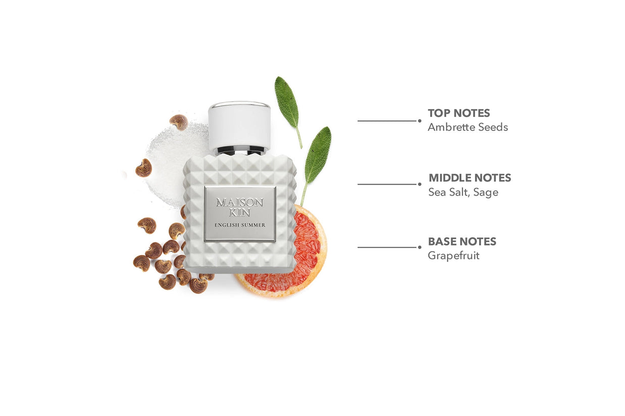 Maison Kin English Summer perfume bottle with geometric white pattern surrounded by sage leaves, grapefruit slice, ambrette seeds