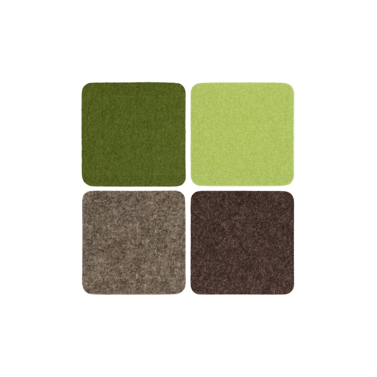 Four square felt coasters with rounded corners in olive green, lime green, taupe, and dark brown arranged in grid pattern