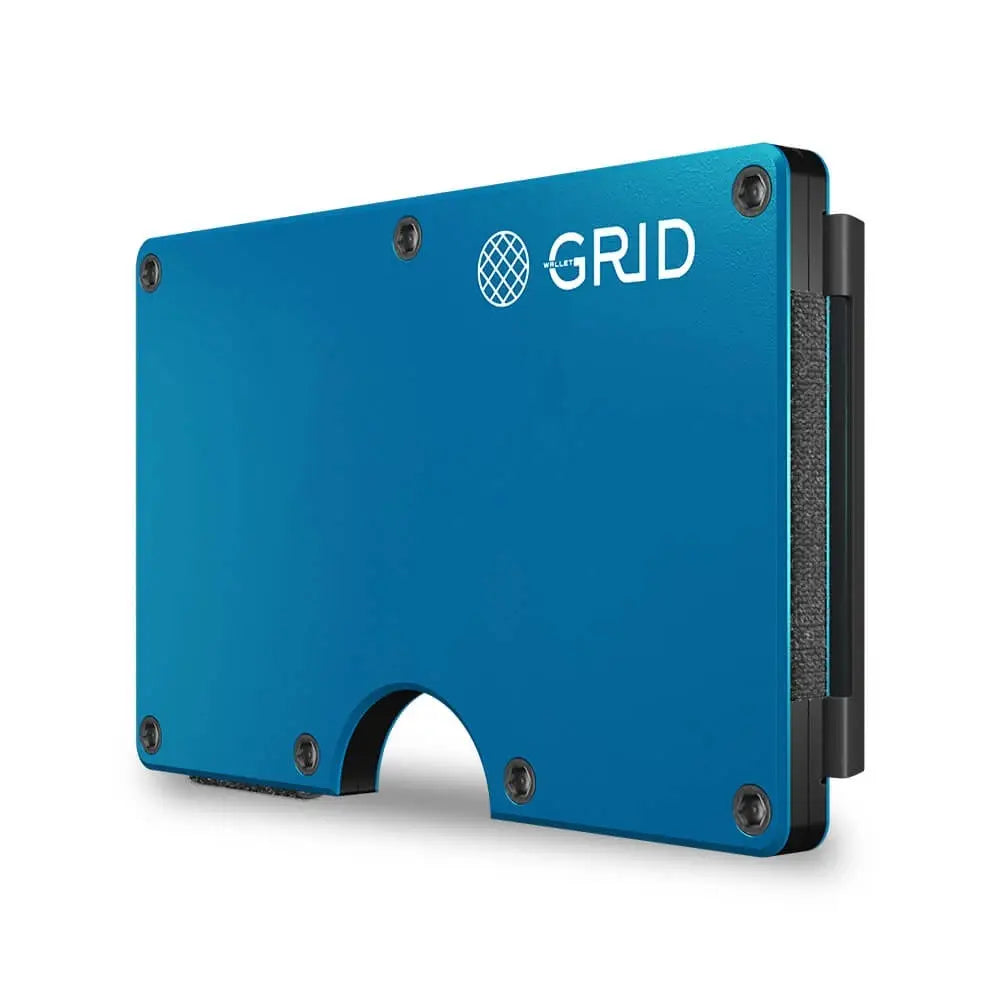 Teal blue anodized aluminum minimalist wallet with GRID logo, hex screws, and black elastic band closure with cutout slot
