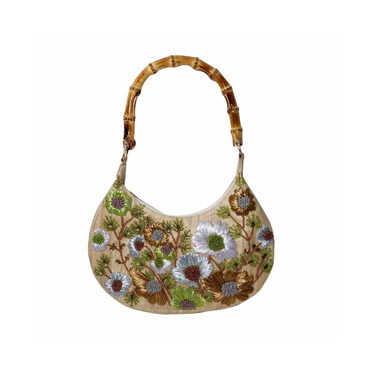 Beige hobo bag with embroidered floral design in green, blue, and gold with bamboo curved handle and beaded accents