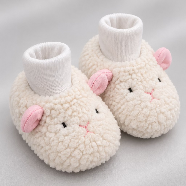 Sheep-shaped slippers with fluffy texture on a light surface