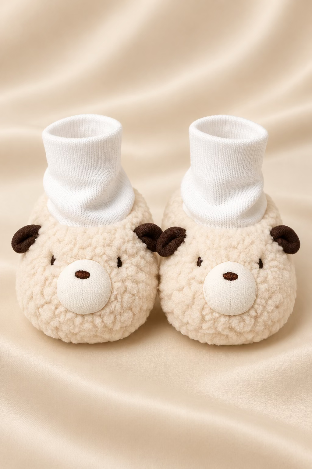 Pair of plush animal slippers with face designs on a light surface.