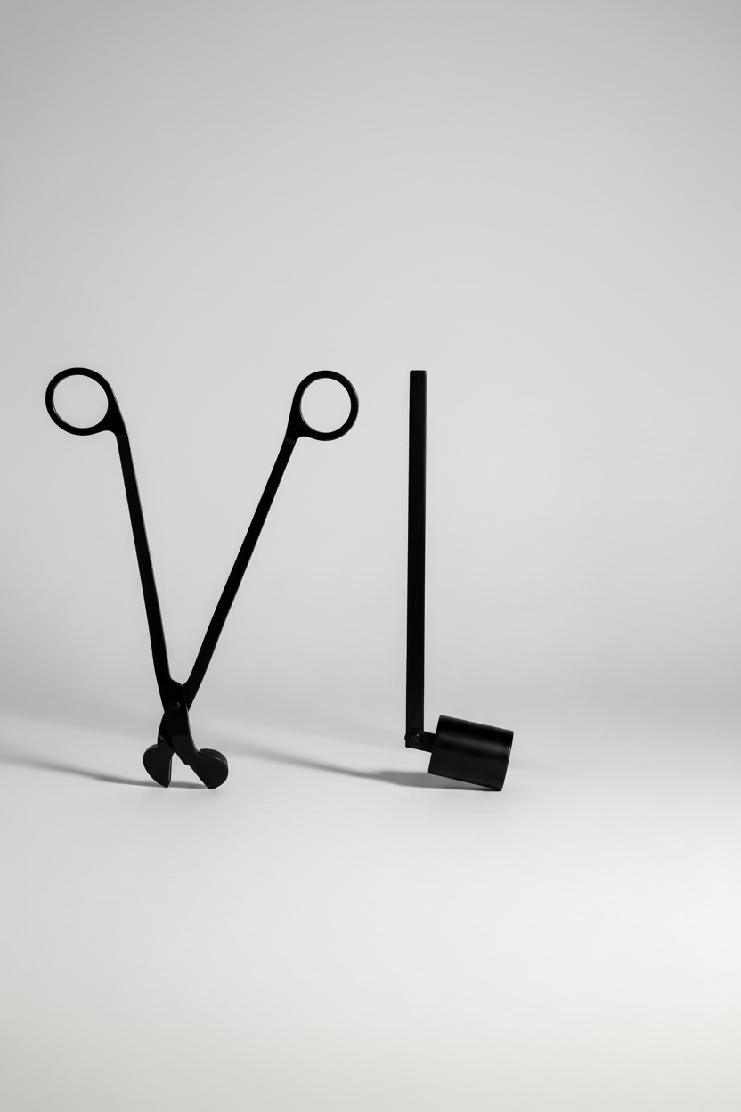 Two black metal tools on a marble surface