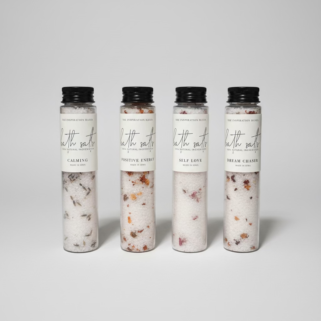 Four clear cylindrical bottles of bath salts with black caps and white labels. The labels read 'The Inspiration Haven' and 'bath salts' with variants Calming, Positive Energy, Self Love, and Dream Chaser.