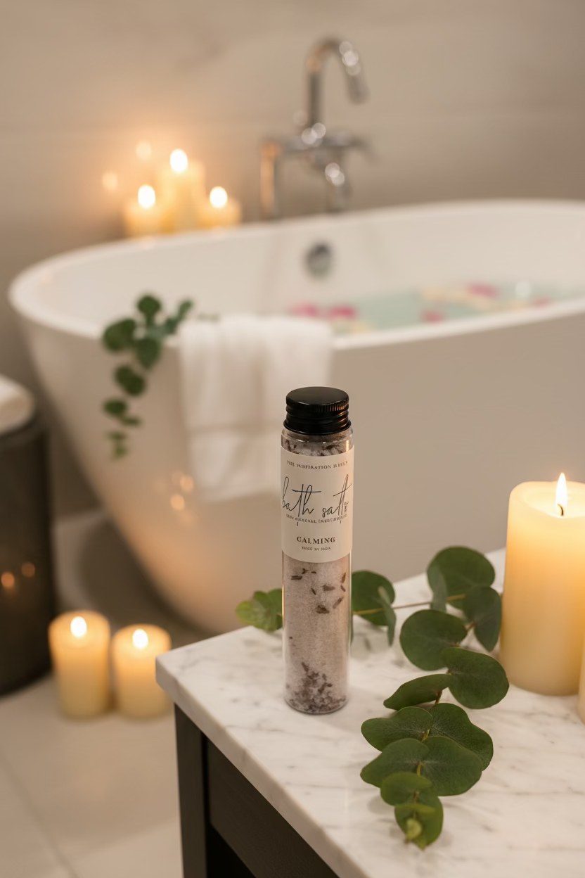 A clear cylindrical bottle of bath salts with a black cap and a white label reading 'The Inspiration Haven Bath Salts Calming' on a bathroom sink, with a luxurious tub and candles in the  background.
