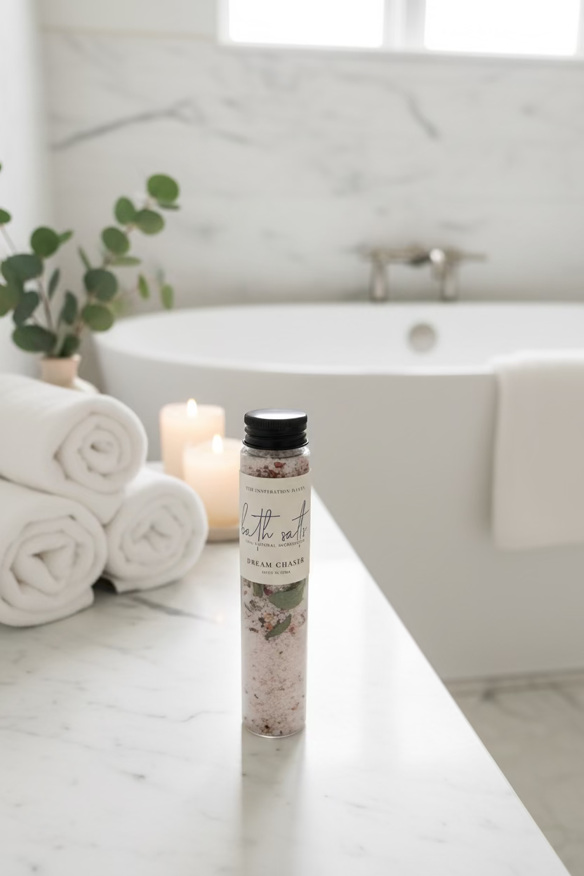 A clear cylindrical bottle of bath salts with a black cap and a white label reading 'The Inspiration Haven Bath Salts Dream Chaser ' sits on a bathroom counter in front of a large tub with towels and candles