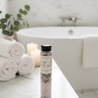 A clear cylindrical bottle of bath salts with a black cap and a white label reading 'The Inspiration Haven Bath Salts Dream Chaser ' sits on a bathroom counter in front of a large tub with towels and candles