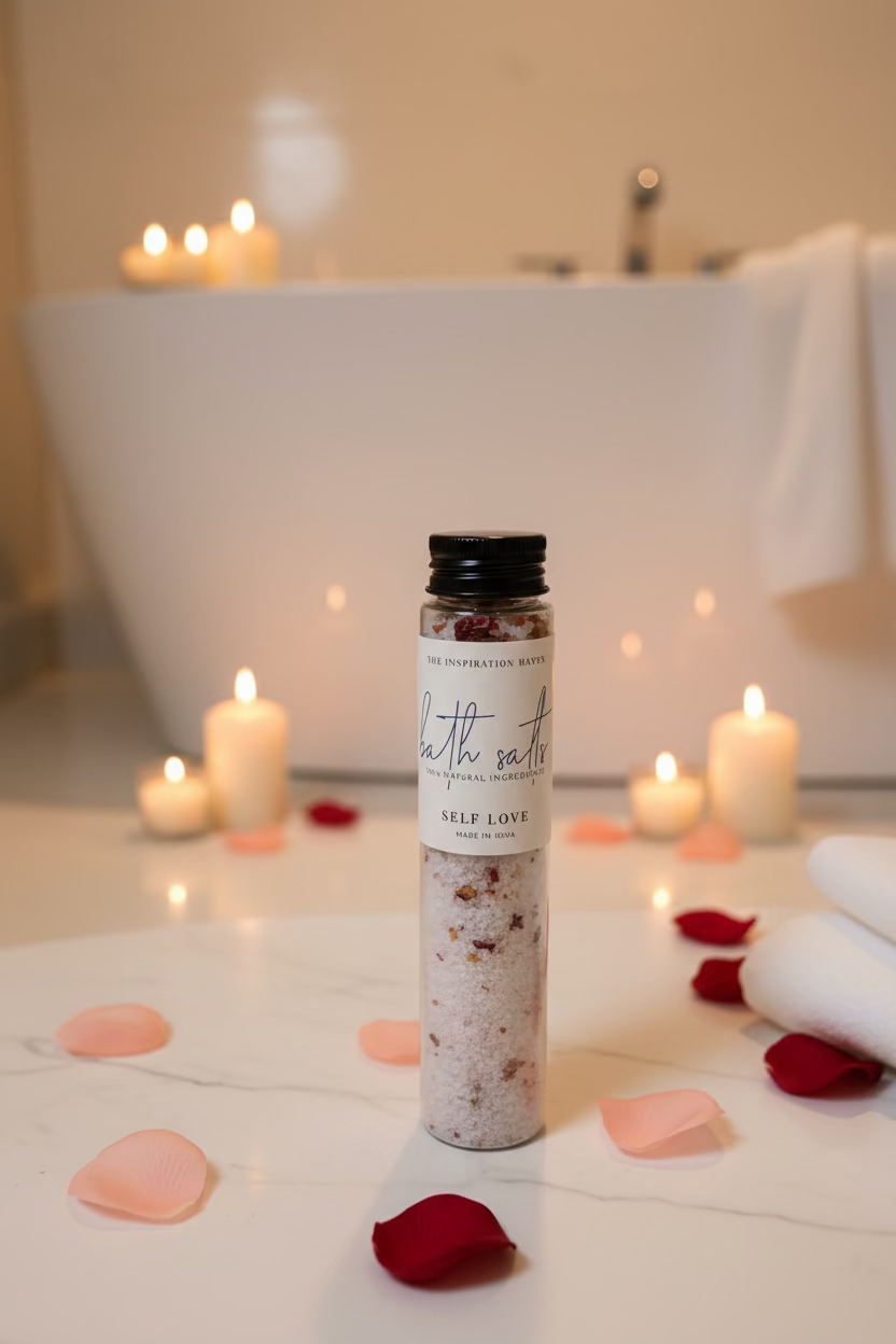 A clear cylindrical bottle of bath salts with a black cap and a white label reading 'The Inspiration Haven Bath Salts Self Love' sits on a bathroom floor in front of a luxurious bath tub and candles.