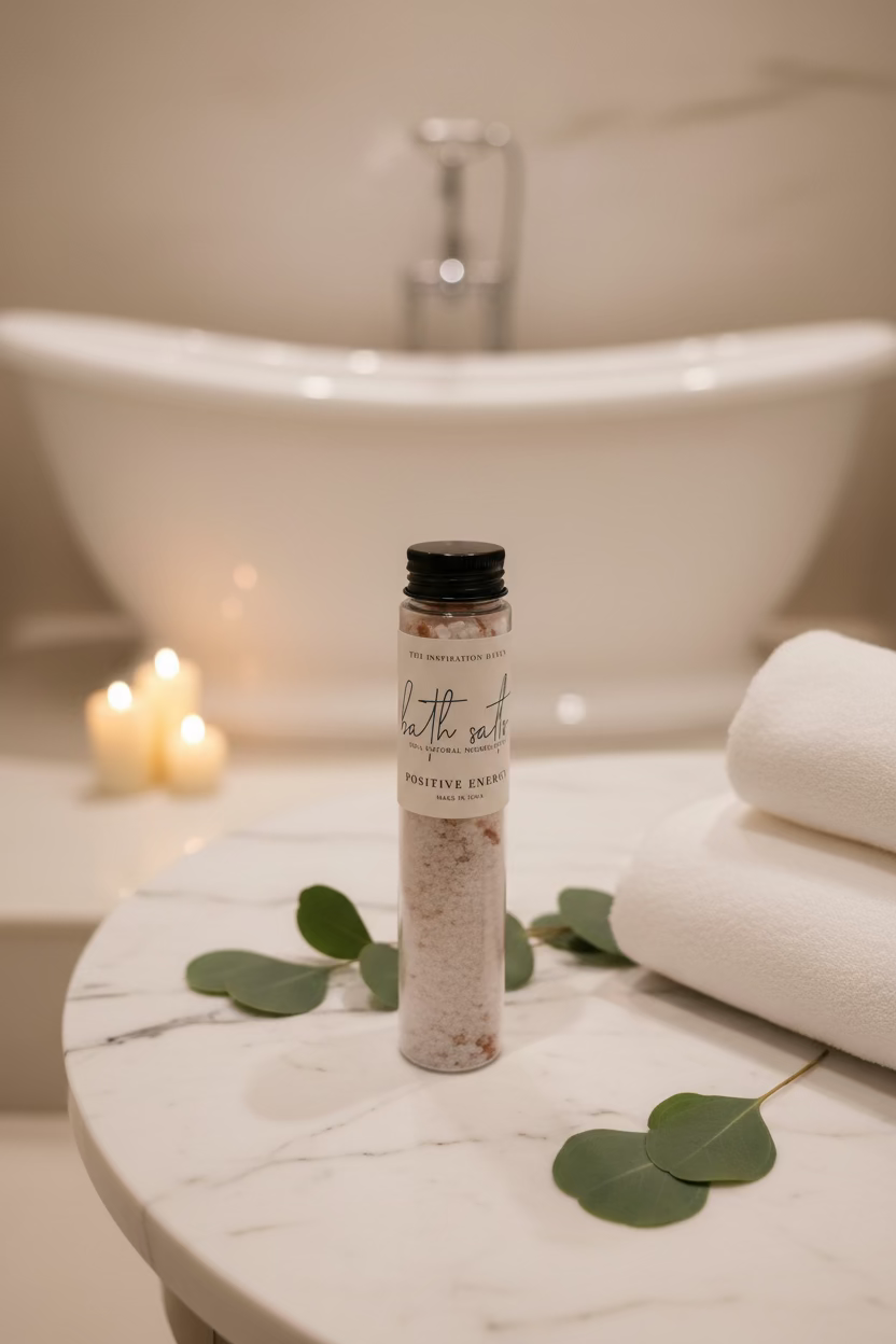 A clear cylindrical bottle of bath salts with a black cap and a white label reading 'The Inspiration Haven Bath Salts Positive Energy' sits on a marble table next to a inviting bath tub