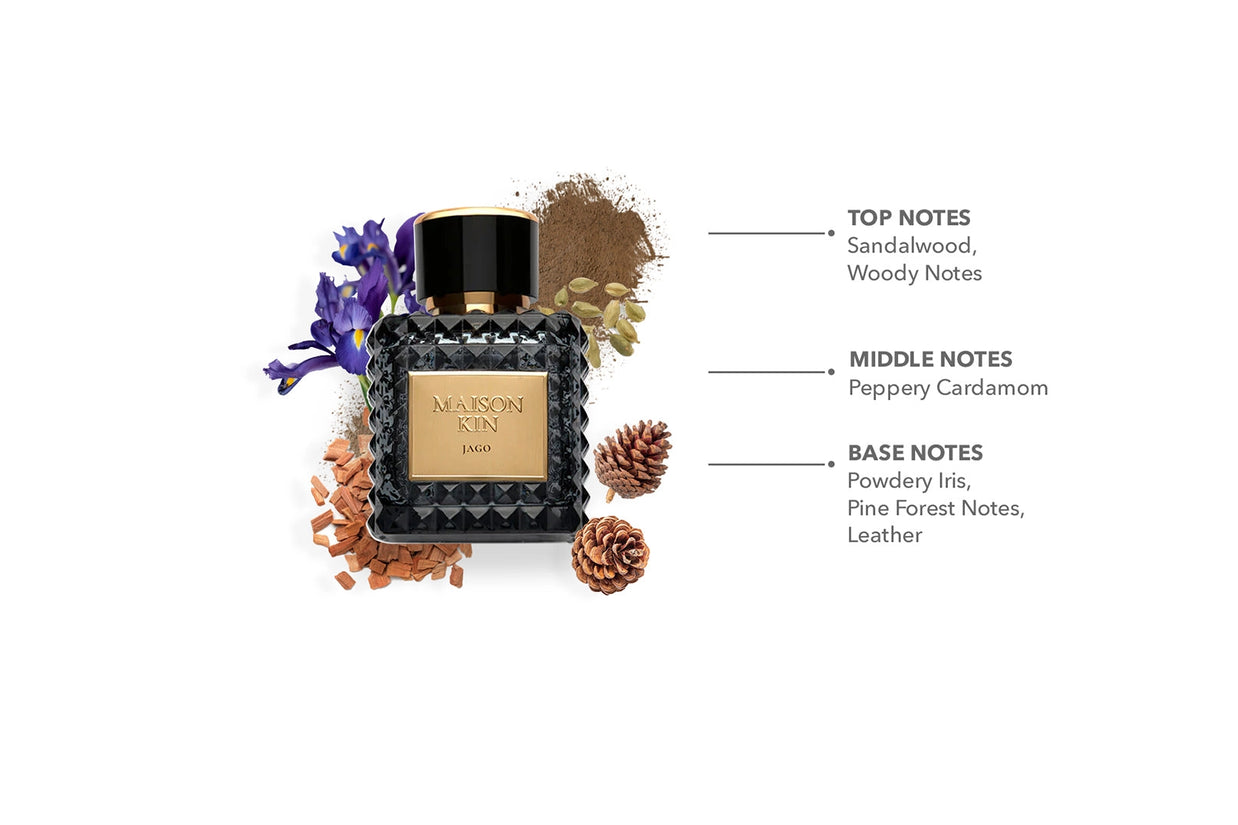 Maison Kin Jago fragrance bottle with black geometric glass and gold label surrounded by purple iris, pinecones, and spices
