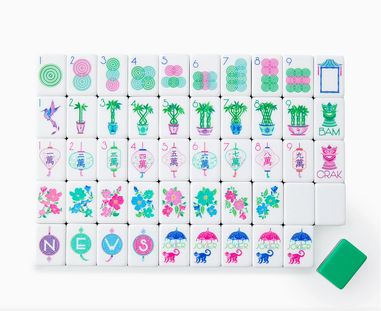 Mahjong tile set with colorful pink, turquoise, and green designs featuring bamboo, lanterns, florals, and monkey symbols