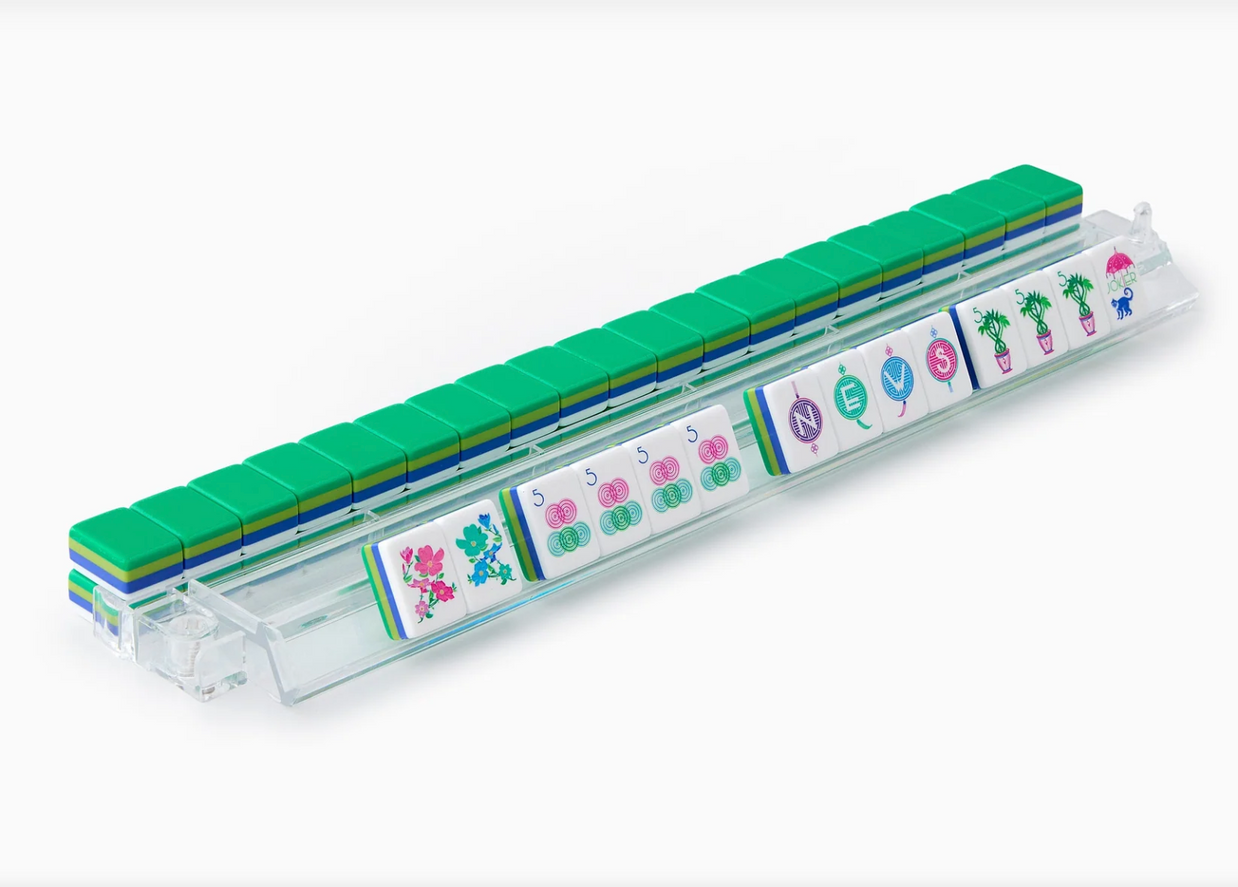 Mahjong tile set with clear acrylic rack, green tile backs with blue-yellow stripes, colorful character and flower designs