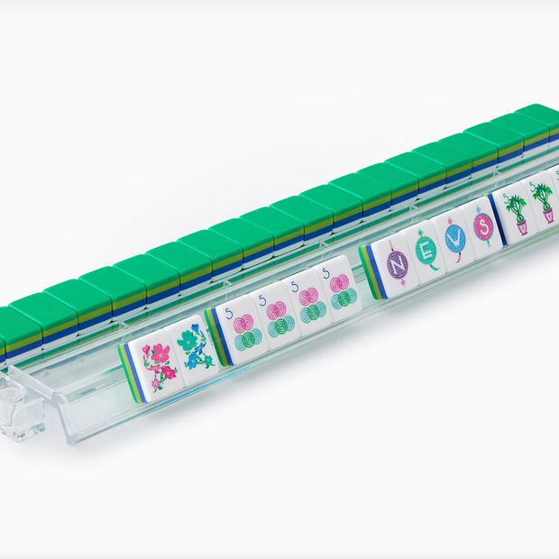 Mahjong tile set with clear acrylic rack, green tile backs with blue-yellow stripes, colorful character and flower designs
