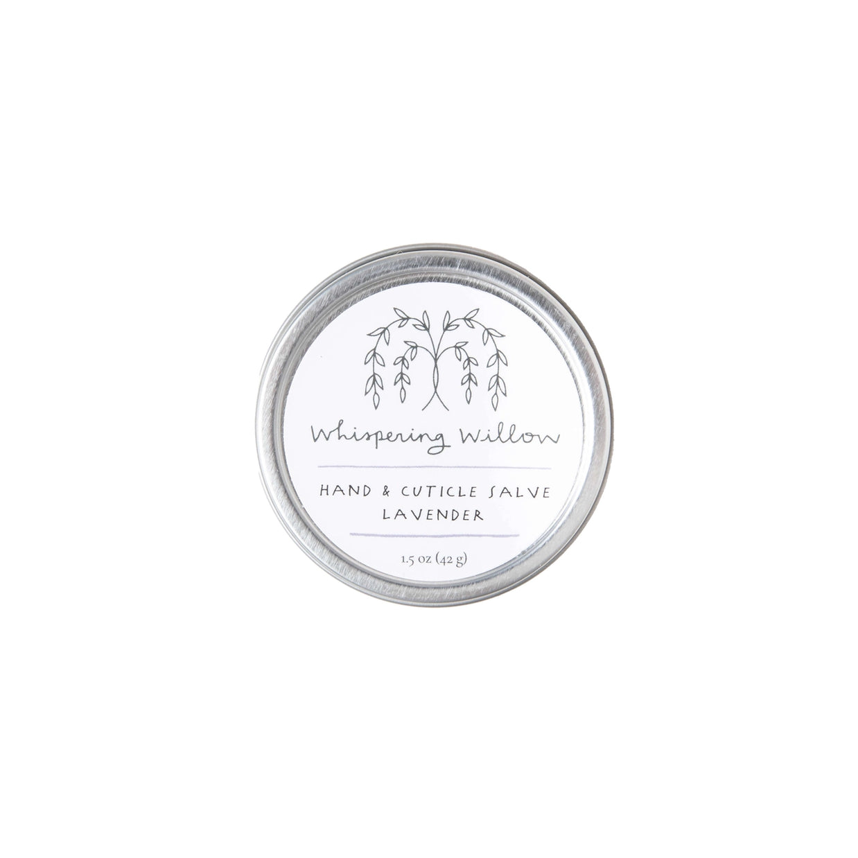 Round silver tin of Whispering Willow lavender hand and cuticle salve with willow tree illustration on white label
