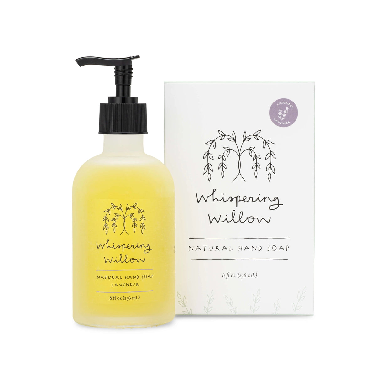 Lavender scented liquid hand soap in clear glass bottle with black pump dispenser beside white product box with willow tree logo