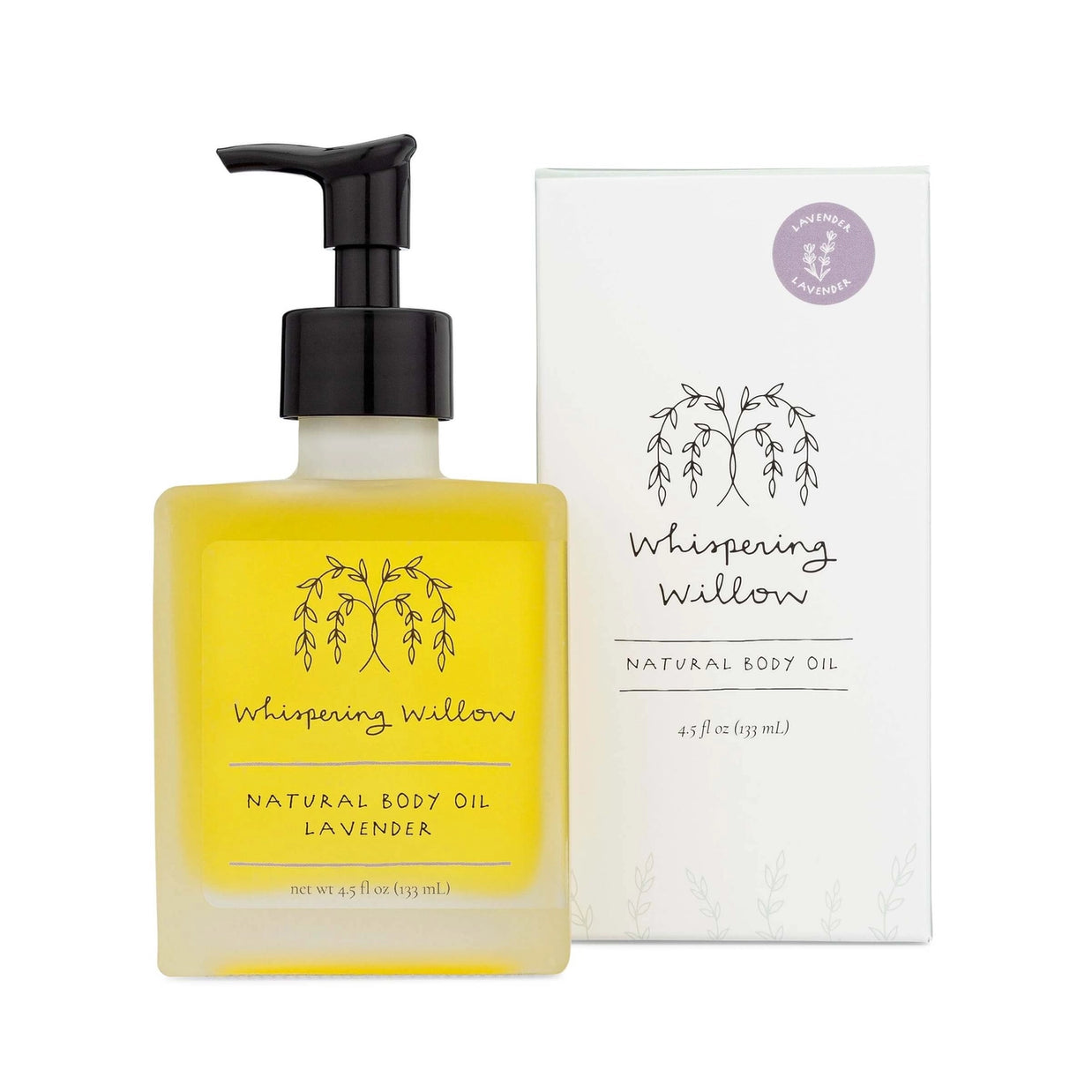 Whispering Willow lavender body oil in clear glass pump bottle with golden-yellow oil beside white product box