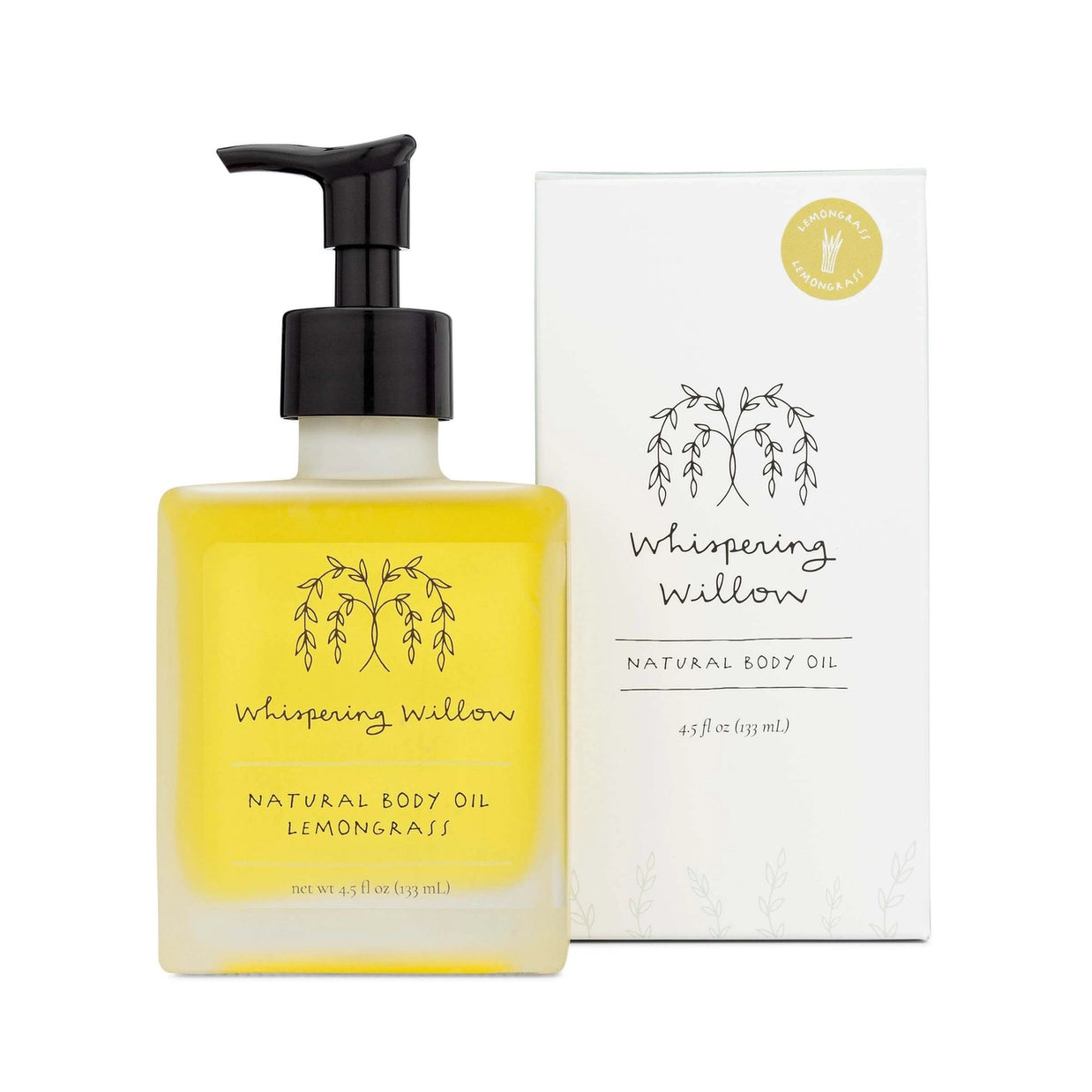 Square glass bottle with black pump dispenser containing golden yellow lemongrass body oil beside white product box with willow illustration