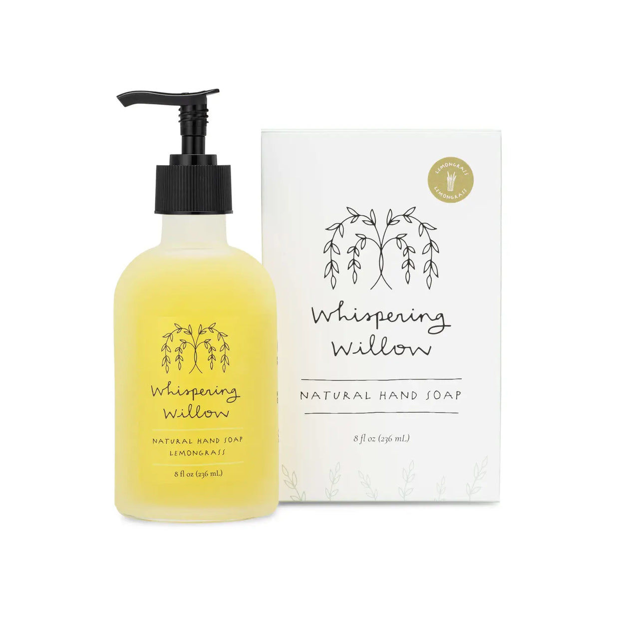 Pale yellow liquid hand soap in frosted glass bottle with black pump dispenser and matching white box with willow tree illustration