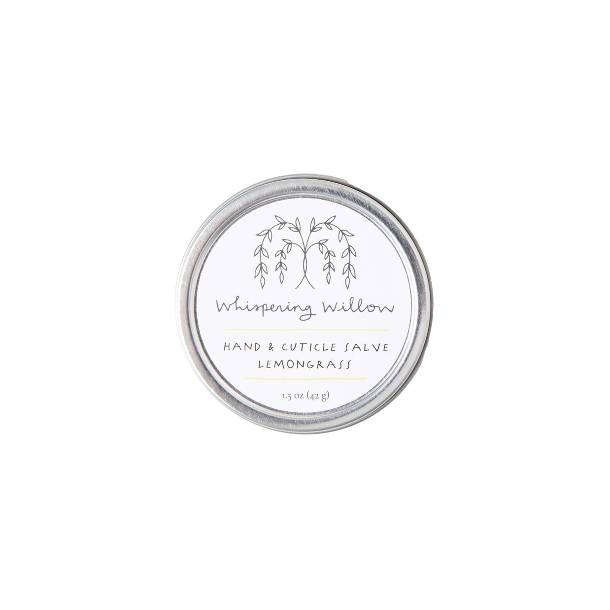 Round silver tin of Whispering Willow lemongrass hand and cuticle salve with willow tree illustration on white label