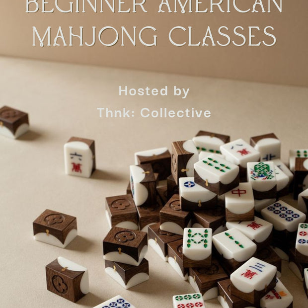 Mahjong tiles on a beige surface with text about beginner classes.