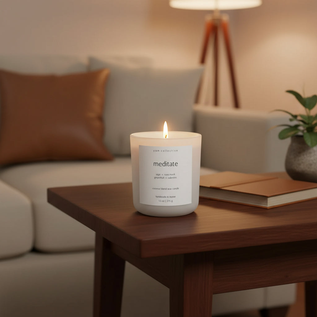 Yam Collective Meditate Amber + Oakmoss Matte White Glass Candle