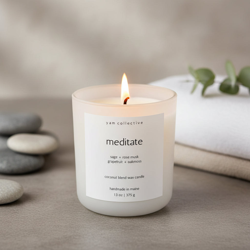 Yam Collective Meditate Amber + Oakmoss Matte White Glass Candle